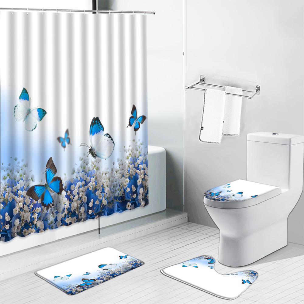 

Dandelion Flower With Waterdrop Shower Curtains Set Cactus Rose Floral Butterfly Scenery Bathroom Decor Non-Slip Carpet Bath Mat W60H190(CM)-1 Pcs