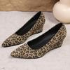 Wedge Heel Single Shoes New Spring and Summer Leopard Print Pointed Head Comfortable Shallow Mouth Square Buckle Rhinestone Shoes