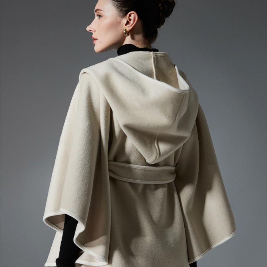 Damen Doppelseitiger Wollähnlicher Kapuzen-Cape-Schal, Poncho-Wickelmantel mit Schleifenband, 143×123cm Dicke Warme Oberbekleidung für Herbst Winter