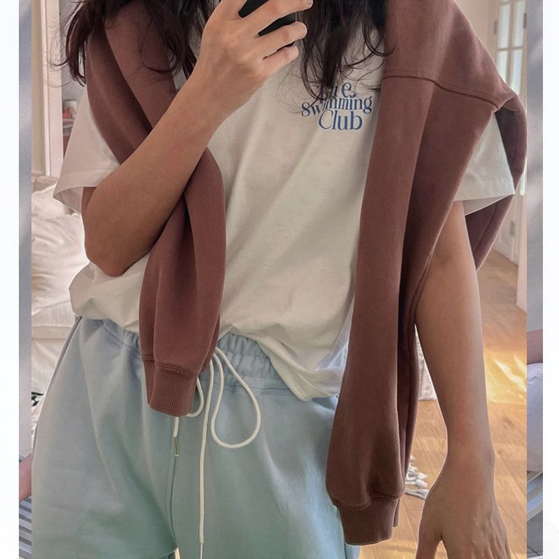 The Swimming Club White Short-Sleeved T-shirt for Women 2025 Summer New Arrival American Retro Casual Niche Style Tide