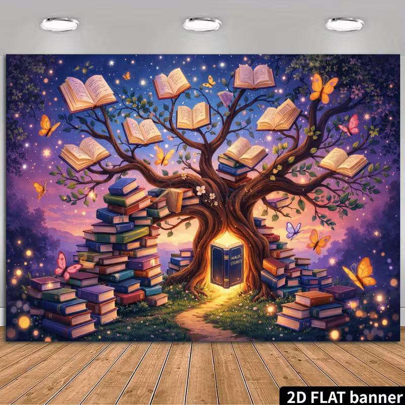 2D Enchanted Book Tree Backdrop Purple Sky Magic Story Book Background