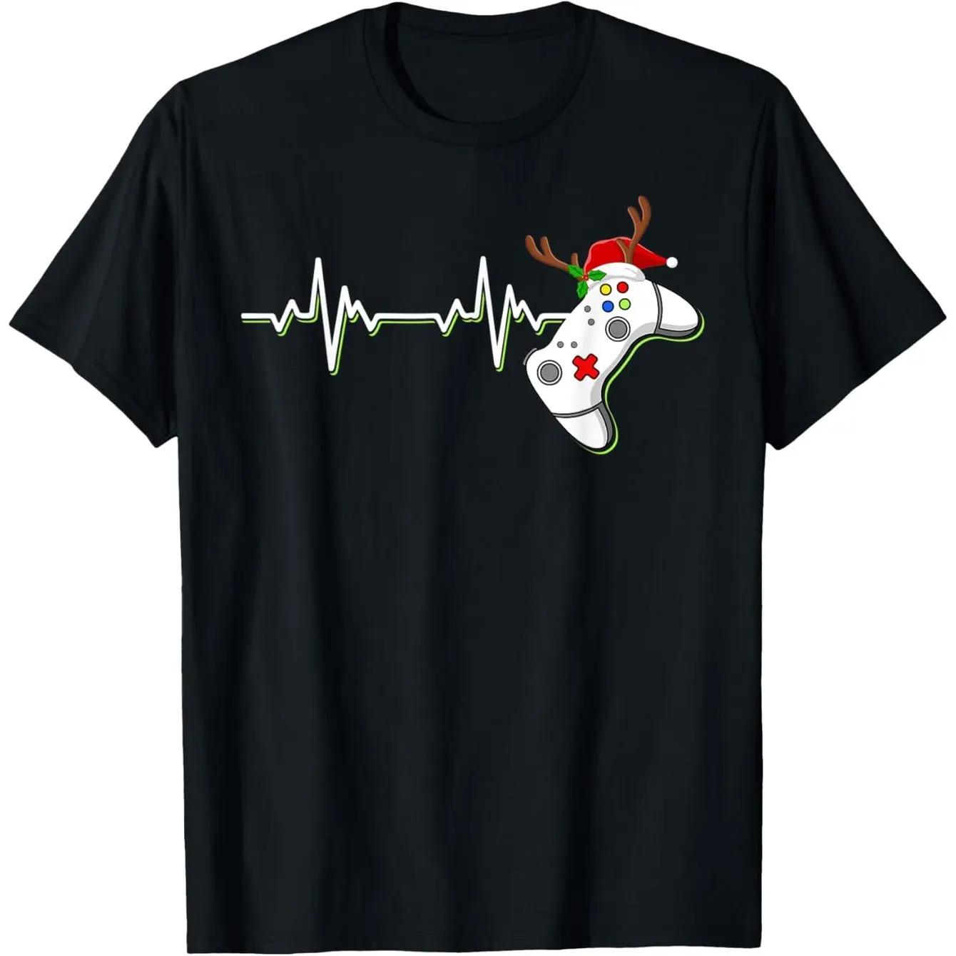 Gamer Heartbeat Christmas TShirt Retro Controller Graphic Tee Unisex Casual Cotton Short Sleeve S