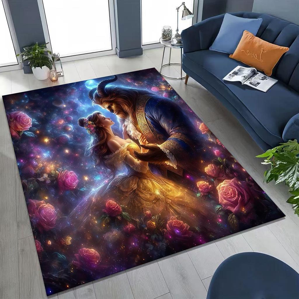 3D Lovely Beauty and The Beast Cartoon Rug for Bedroom Living Room Sofa Home Doormat Decor, Large Kids Play Non-slip Floor Mat
