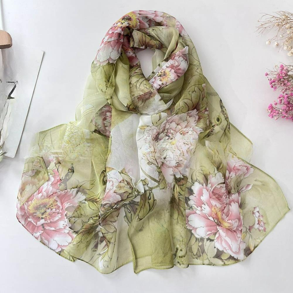 Summer Korean Version of The Season Silk Scarf Sunscreen Scarf Rich Peony Ladies Chiffon Long Silk Scarf Gauze Scarf