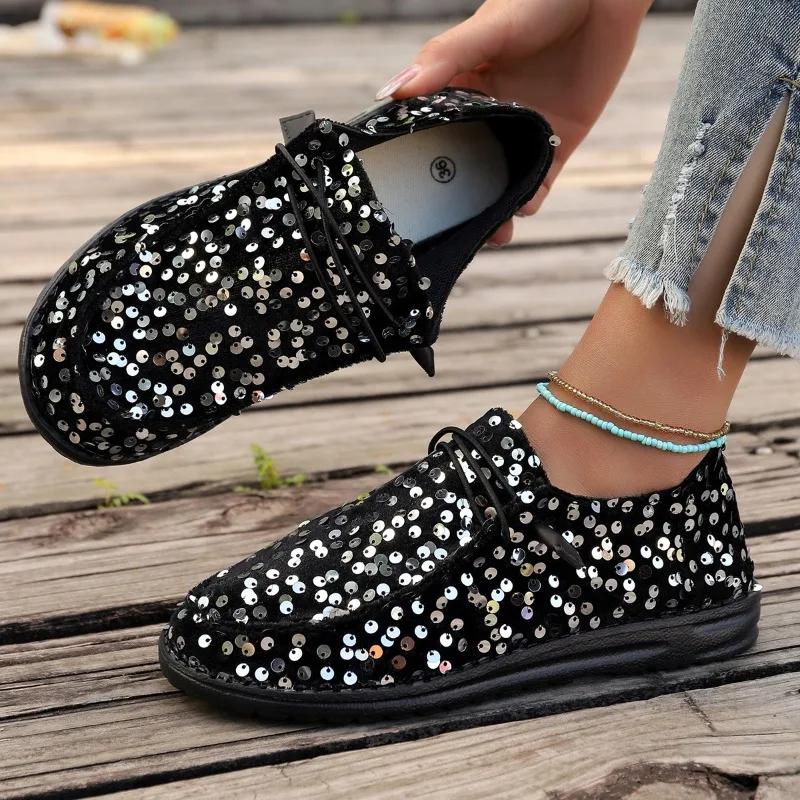 fashion Ladies Shoes 2024 Brand Loafers Women's Flats Outdoor Casual Flats Women Round Toe Bling Cross-tied Light Plus Size Shoes Women
