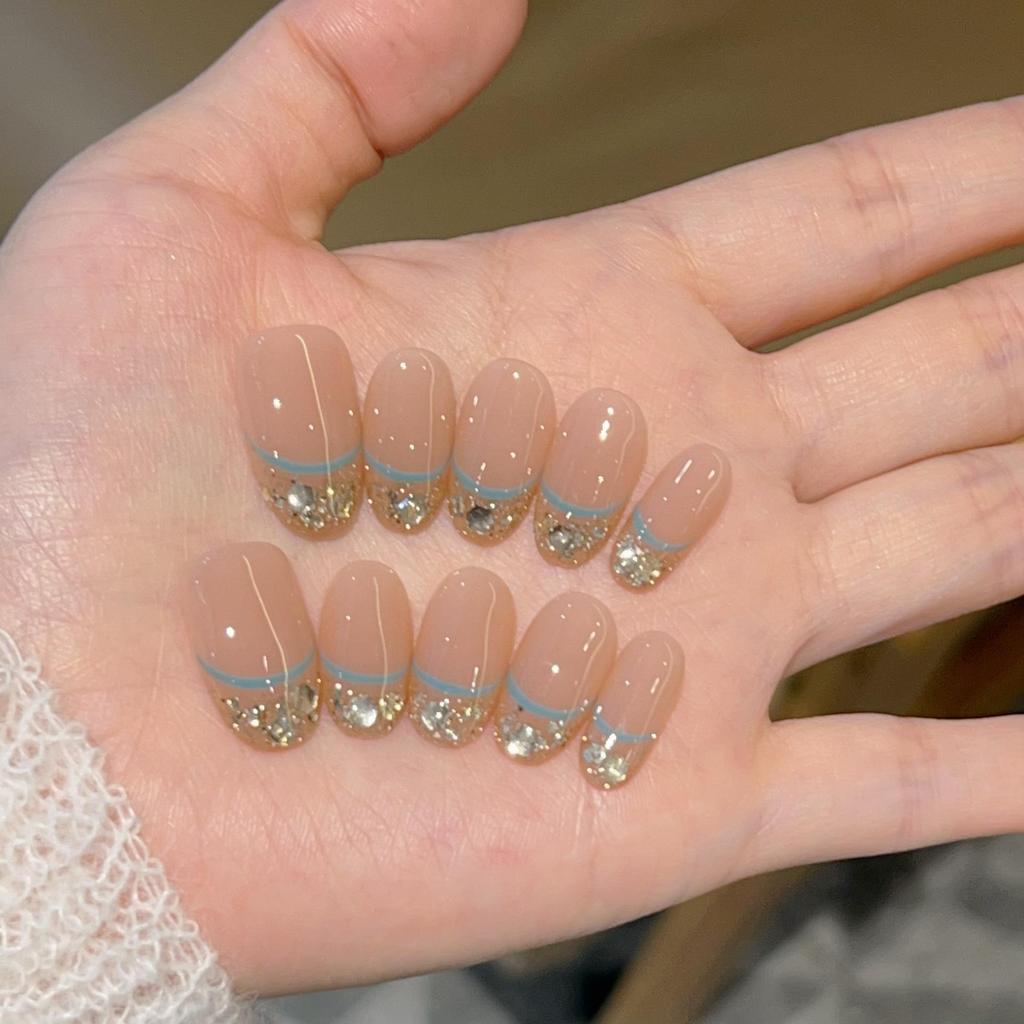 Sea Salt Blue Nude French Nails with Micro-Diamond Sequins - Handmade Wearable Set J32, Includes Box and Tool Kit