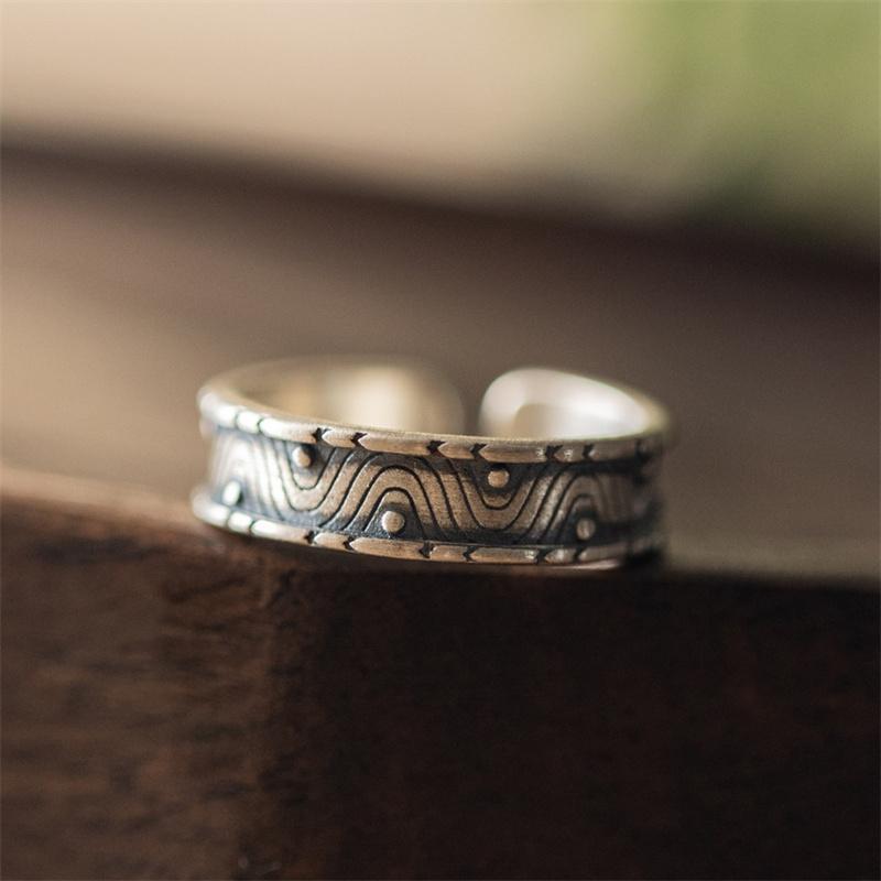 Trendy 925 Sterling Silber Ring Für Frauen Schmuck Retro Track Wellenmuster Ring Männer Schmuck Offene Größe Einstellbar