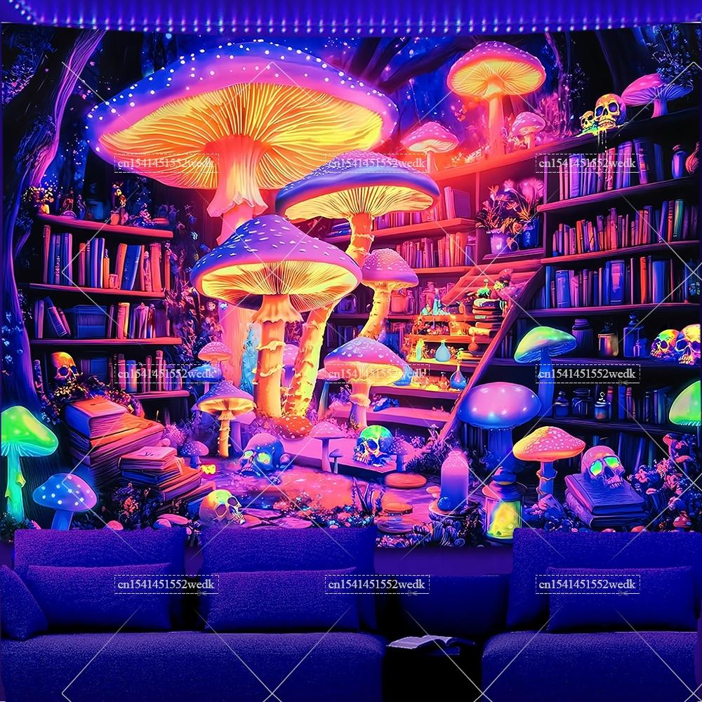 Волшебная Книжная Полка Черный Свет Гобелен УФ Реактивный Череп Библиотека Неоновые Гобелены Эстетичный Ведьмовской Алхимия Флуоресцентные Гобелены 95x73cm