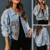 Kadın Denim Ceket Leopar Ekleme Uzun Kollu Gevşek Düğme Cep Turn-down Yaka Rahat Sonbahar Kış Bayanlar Kadın Ceket Dış Giyim Kadın Giyim