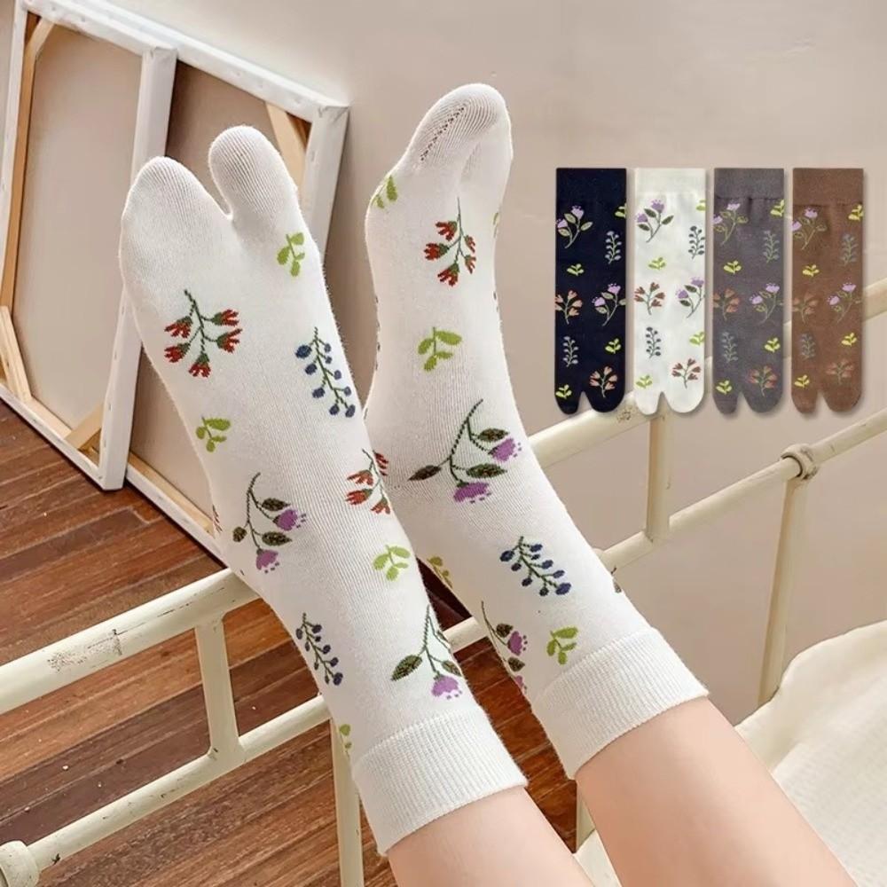 1 Pair Japanese Style Women Tabi Socks Flower Pattern Harajuku Socks Elegant Two-Toed Socks