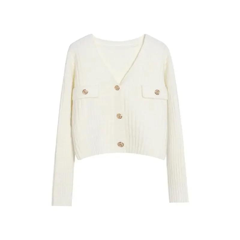 

Короткий вязаный свитер с v-образным вырезом, женский осенний повседневный однотонный свитер с длинными рукавами, уникальный и нежный свитер, женский топ One Size бежевый