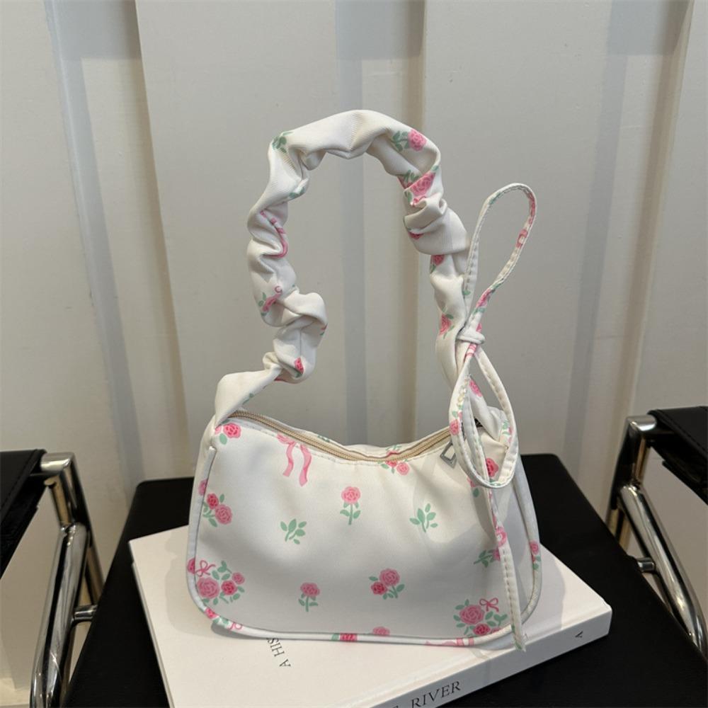 Sweet Flower Pleated Underarm Bag Nylon Zipper Floral Shoulder Bag Lightweight Large Capacity Girls Handbags
