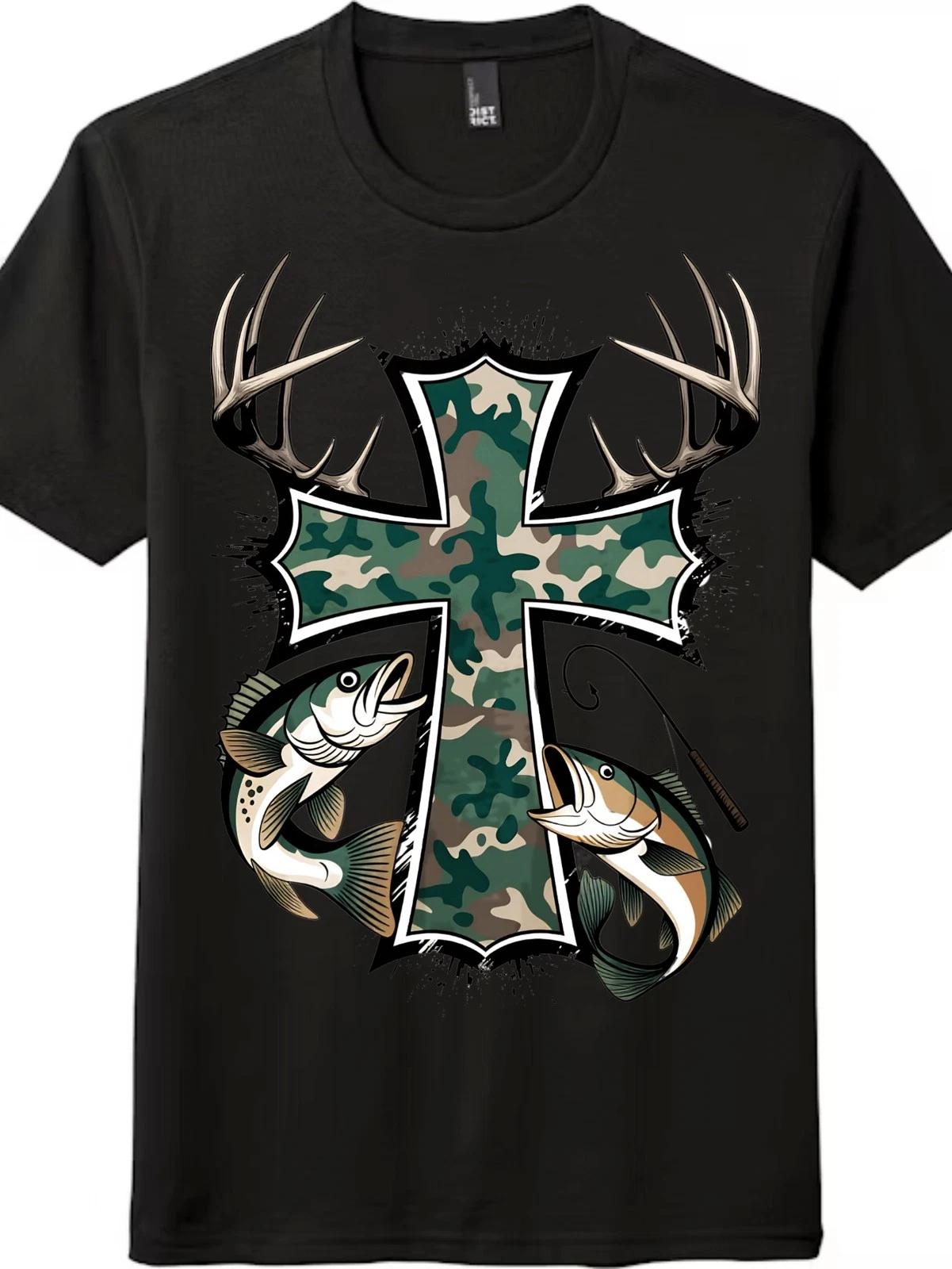 Camo Cross Deer Antlers Fishing T-Shirt |Christian Outdoor Enthusiast Casual Tee M