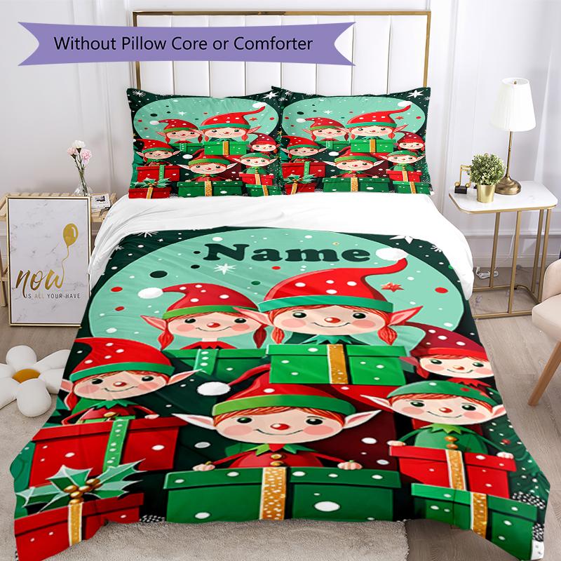 3pcs Custom Name Christmas Santa Claus Bedding Set Duvet Cover Closure Includes 1 Duvet Cover & 2 Pillowcases, Soft and Comfortable for All Seasons.