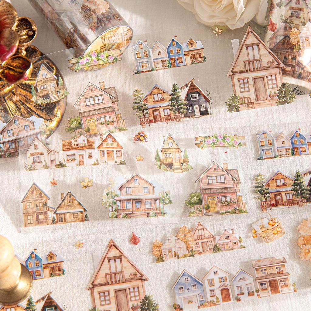 House Scenery Story Series PET Tape: 4 Styles of Decorative DIY Journal Stickers