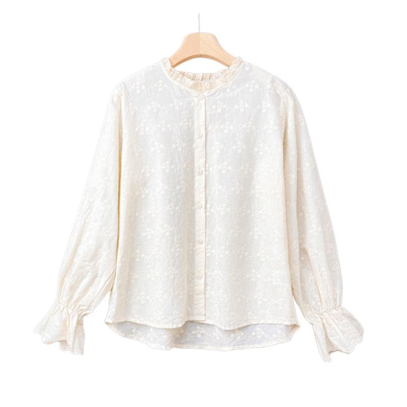 Apricot Embroidered Women's Long Sleeve Cotton Shirt with Lace Collar for Spring & Autumn 2025