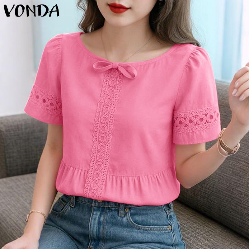 VONDA Women Short Sleeve Blouse Casual Lace Crochet Hem Hollow Tops