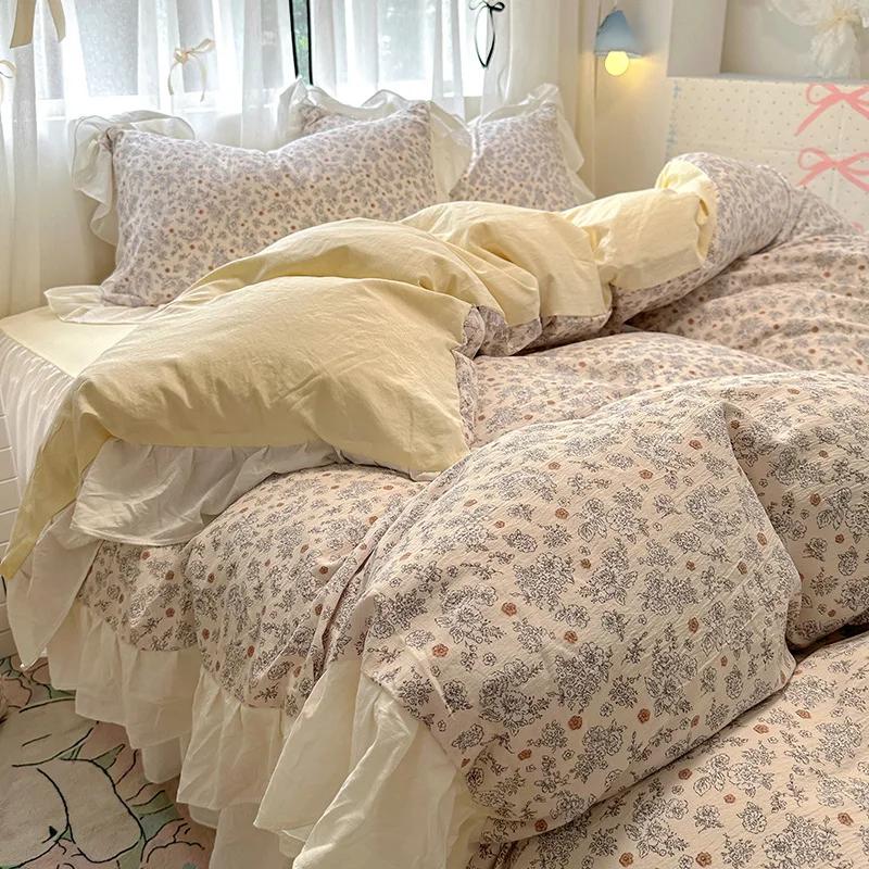 1.5/1.8 Korean Style 100% Cotton Fitted Sheet Sets with Lace Flower Print Bedding Set for Seasons Home Bedclothes for Adult Kids