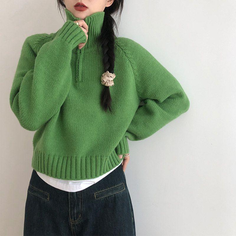 Women's Short-Length Korean-Style Half-Zip High Neck Sweater Autumn Winter Loose Lazy-Style Thickened Knitted Top