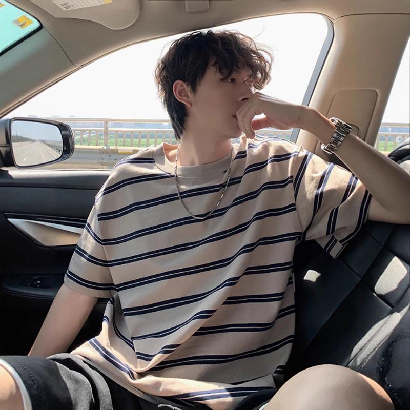 Summer Striped T-shirt Short-sleeved Men's New Retro All-match Round Neck Casual Three-quarter Sleeve Top
