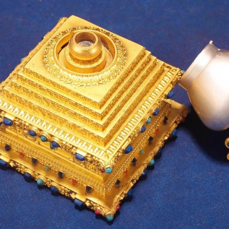 Tibetan Stupa Tantric Removable Pearl Inlaid Gem Buddhist Statue Golden Alloy Handicraft Altars Indoor Home Desktop Decorative