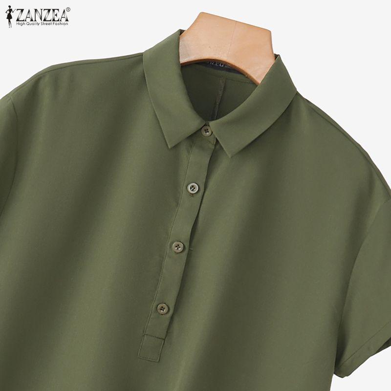 ZANZEA Women Casual Turn Down Collar Solid Color Short Sleeve Shirt Dress