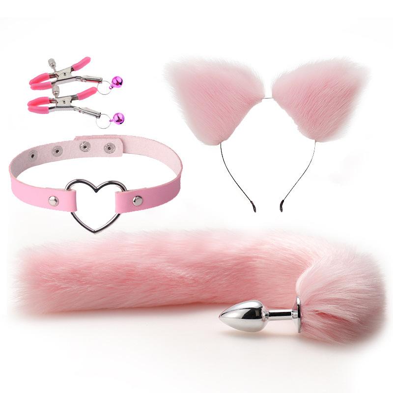 Cute Fox Tail Anal Plug Cat Ears Headbands Set  Nipple Clip Neck Collar Erotic Cosplay Sex Toys For