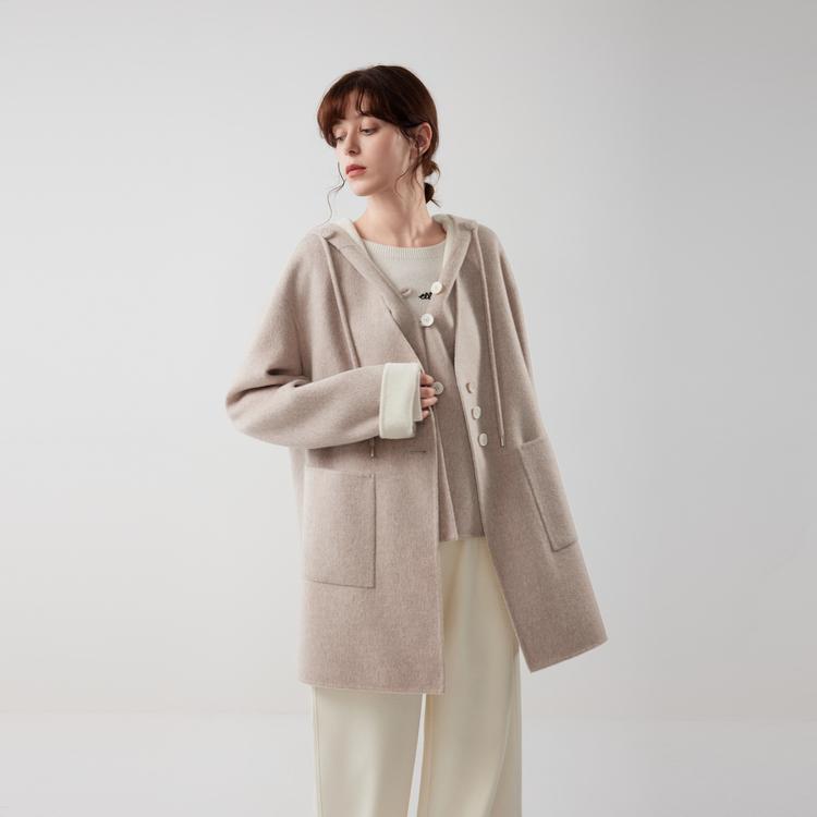 ELLE French Fashion Design Wool Blend Mid-Length Single-Breasted Casual Loose Hooded Two-Piece Double-Sided Wool Coat Women coats EN52147