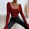 2024 Spring/Summer Women's Slim-Fit Long-Sleeve Square-Neck Pullover Knitted Top