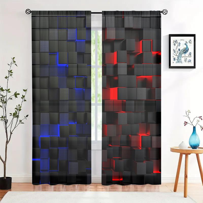 2 Pieces, Abstract Geometric Cube Curtains - Semi Blackout - Very Suitable for Living Room, Bedroom, Kitchen, Home Decoration