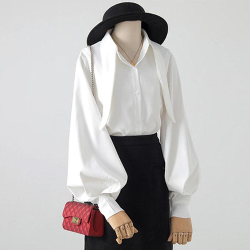 

Весенне-осенняя женская рубашка в стиле ретро, ​​воротник с кроличьими ушками, однобортная, темпераментная, с рукавами-фонариками, свободная повседневная рубашка, блузка XL белый