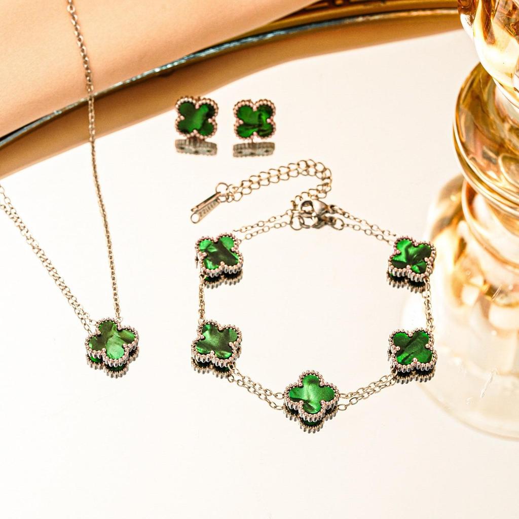 Set 3 pezzi collana bracciale orecchini quadrifoglio double-face in acciaio al titanio