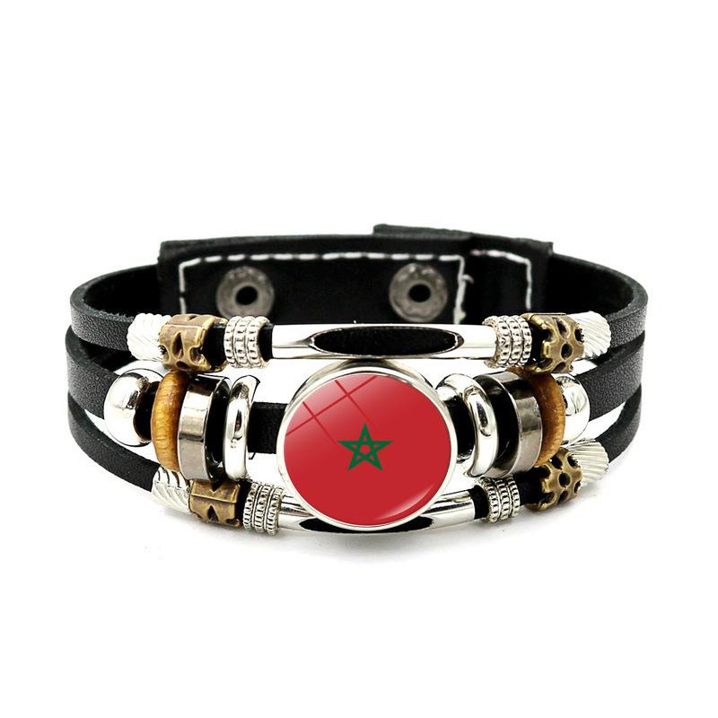 Factory National Country Flag Design Bracelet Crystal Bead Snap Button Sports National Team Jewelry Gift Leather Wrap Bracelet