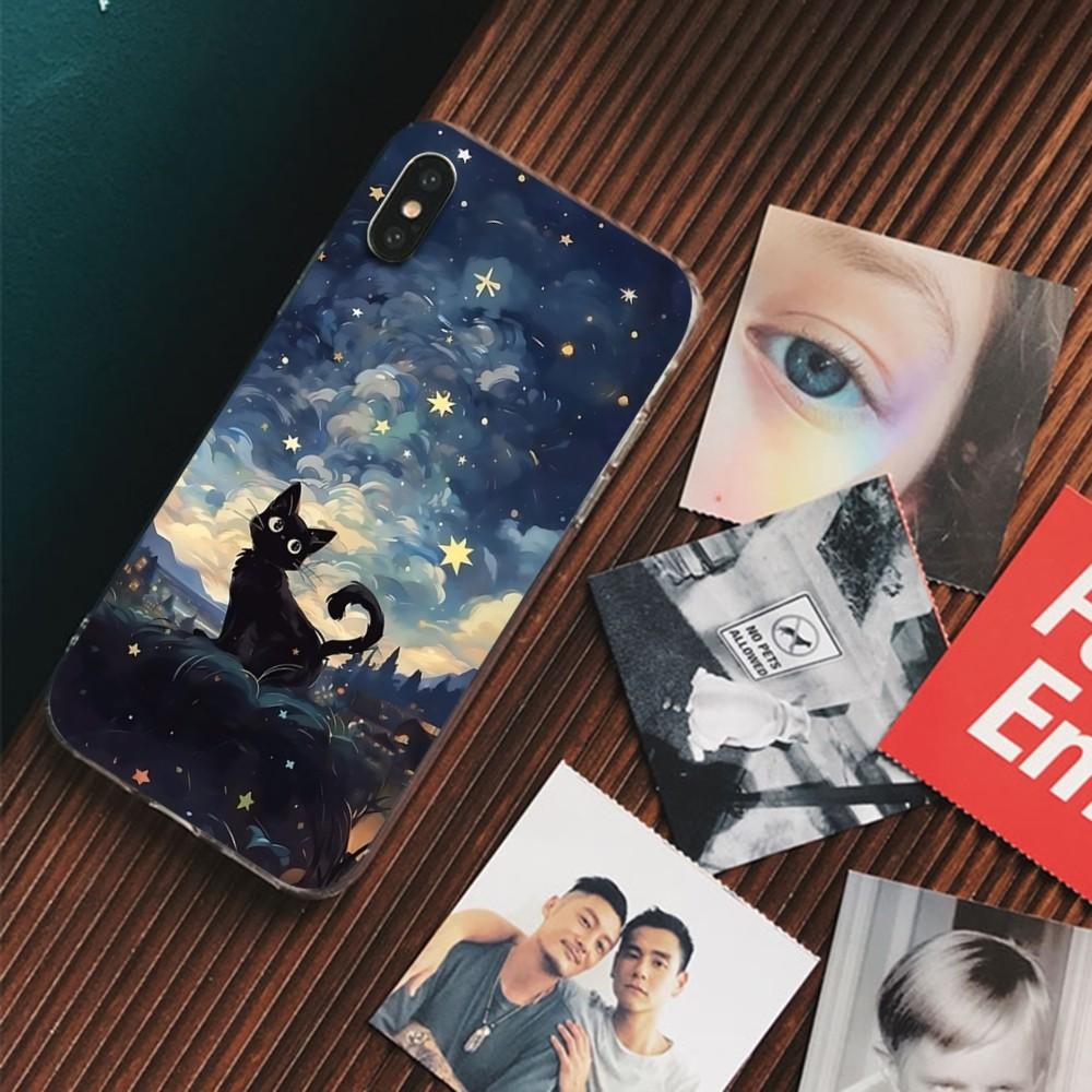 Cartoon Animal Black Cat Oil Painting Phone Case For IPhone 16 15 14 13 12 Mini 11 Pro XS Max X XR SE 6 7 8 Plus Silicone Cover
