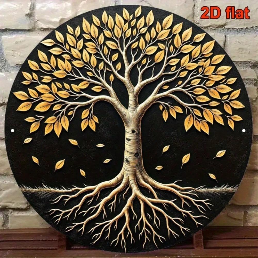 Albero della Vita Foglia d'Oro Rotondo Metallo Arte da Parete 8 Pollici Piastra in Alluminio Nero Per Decorazione Casa Ufficio
