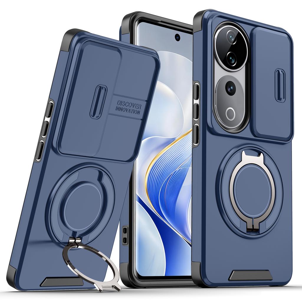 Magnetic Metal Ring Stand Armor Case For VIVO V40 Pro 5G Slide Push Window Lens Protection TPU Frame Hard Plastic Phone Cover