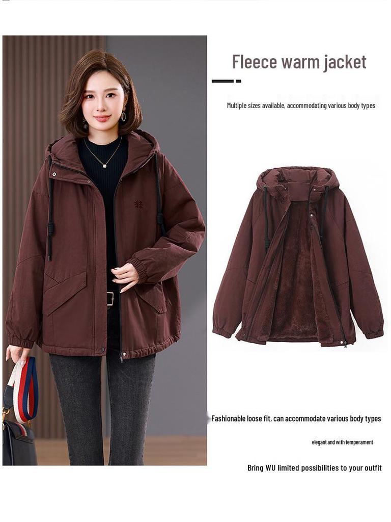 Women's Fleece-Lined Hooded Parka - New Winter Style, Warm & Casual for Middle-Aged Moms