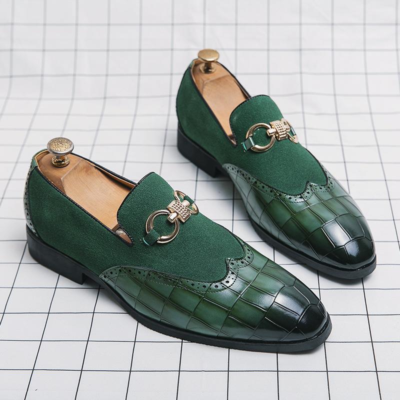 Foreign Trade Large Size Buckle Block Green Leather Shoes Men's Size 38-47 Business Fashion Leather Shoes British Casual Single Shoes
