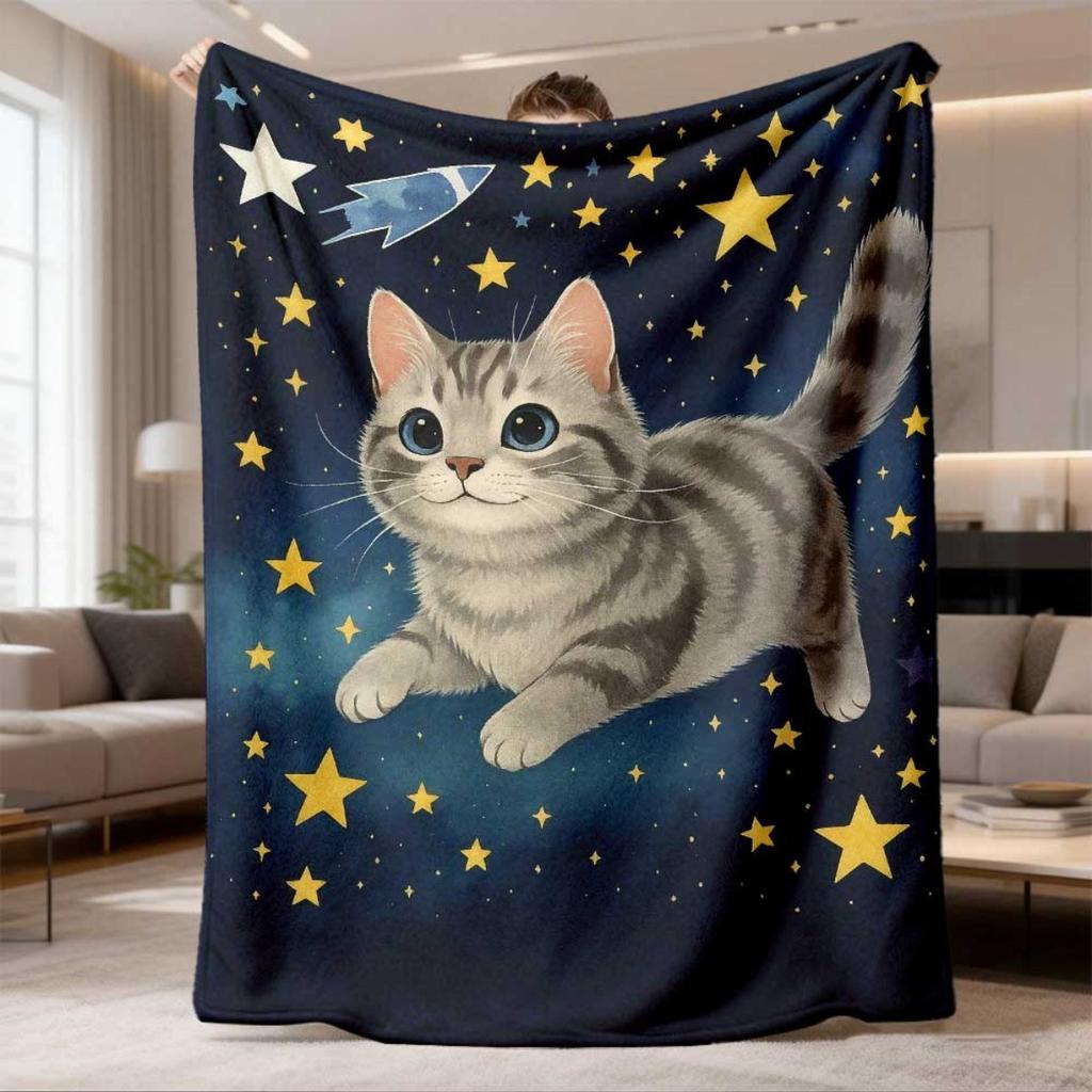 2026 Latest Flannel Blanket 1pc Starry Cat Flannel Blanket Soft Light BeigeFriendly AllSeason Throw with Adorable Kitten & Stars Design, Cozy Home & C