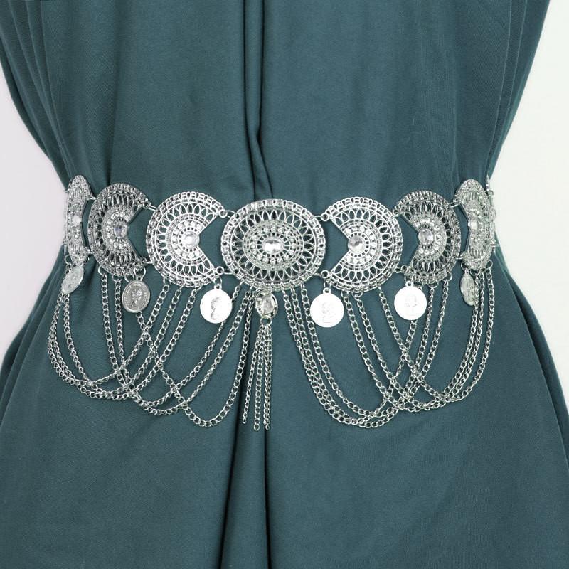 European Style Silver Metal Waist Chain With Sculpted Design For Boho Party And Stage Shows