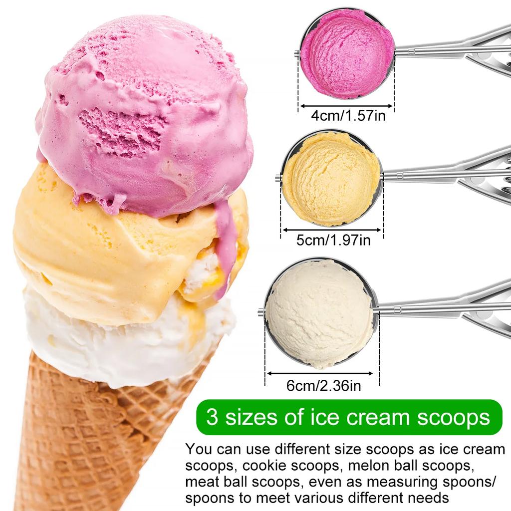 3Pcs Ice Cream Scoop Stainless Steel Cookie Scooper Ice Cream Scoops 3 Size Multifunctional Scooper for Baking Meatball Muffin