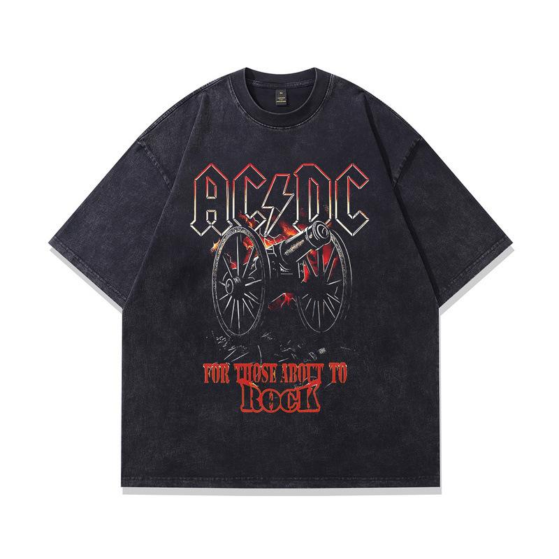 230G Heavy Cotton Washed Short-Sleeved T-Shirt American Rock Retro Skull Vintage Printed Half-Sleeved Men