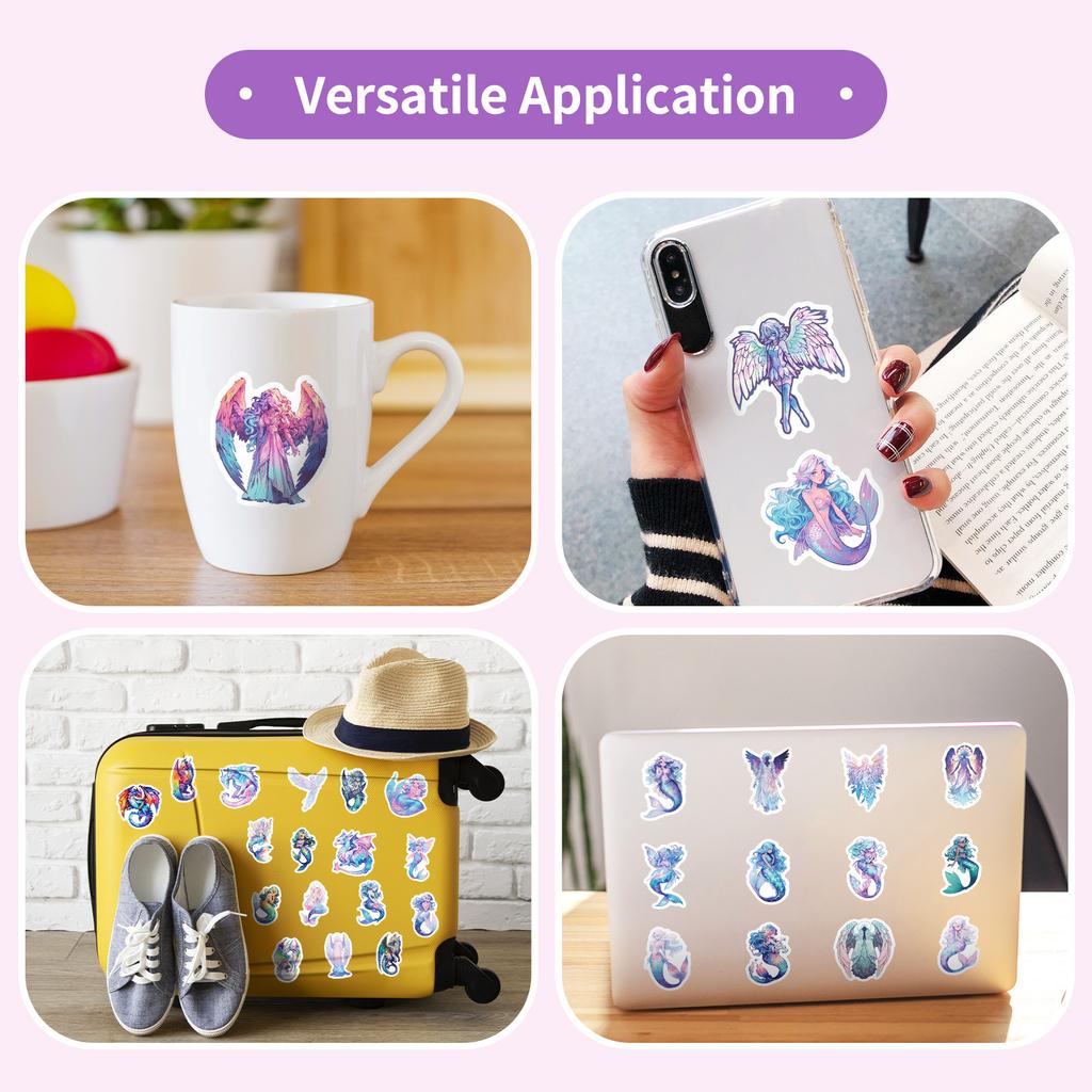 50PCS Mermaid Angel Holographic Stickers, Fantasy Graffiti Decals for Water Bottle, Luggage & Decoration