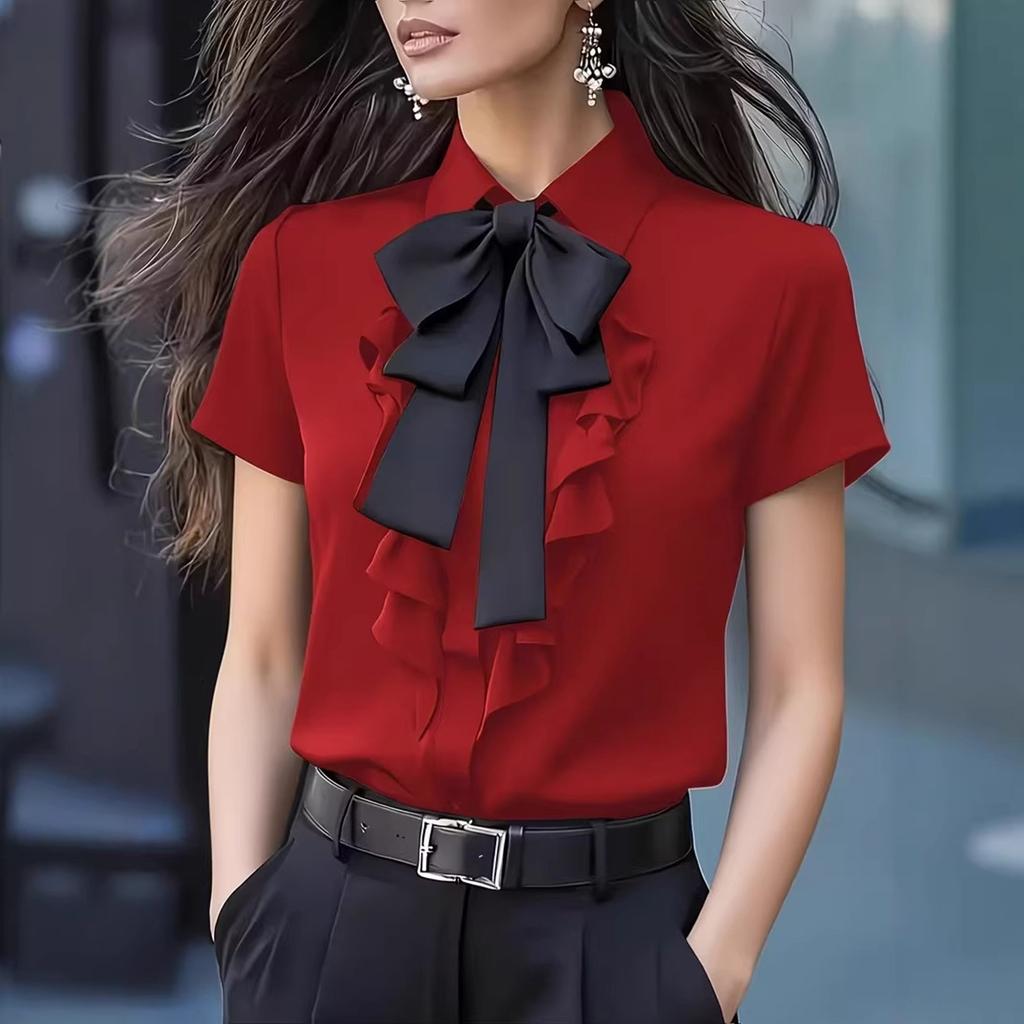 Short Sleeve Blouse for Women Ruffle Front Button Down Shirt with Bow Tie Neck and Classic Fit for Office Work