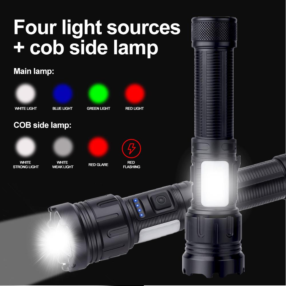 Most Powerful 4in1 LED Flashlight Zoom Green/Red/Blue/White Light Torch USB Rechargeable Tactical Lantern Shot Hand Lamp For Cam