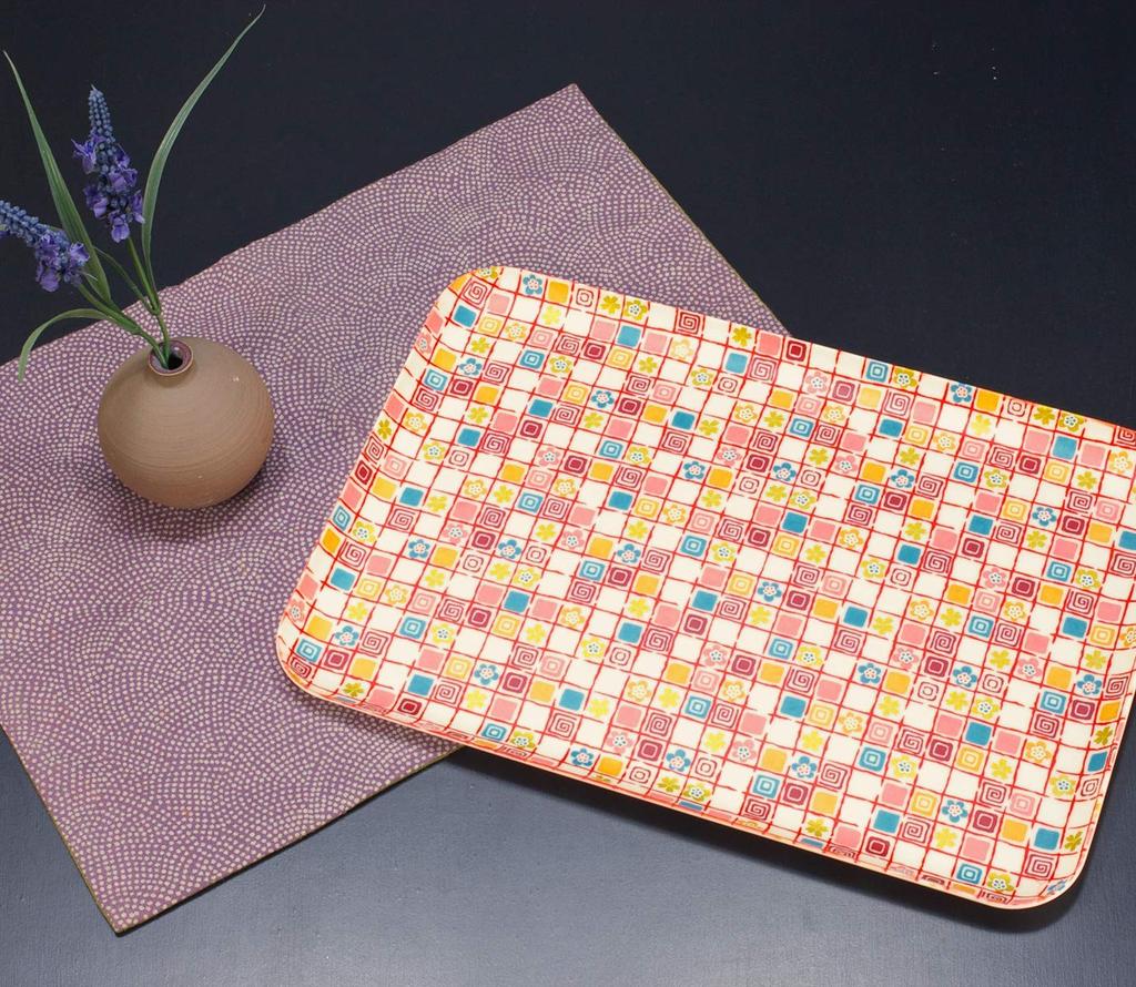 Tatsucraft Yuzen Washi Paper Tray, Large, 39cm, Plum and Cherry Blossom Pattern, Dishwasher Safe, Stylish Plastic Tray, Deep, Square, Rectangular,