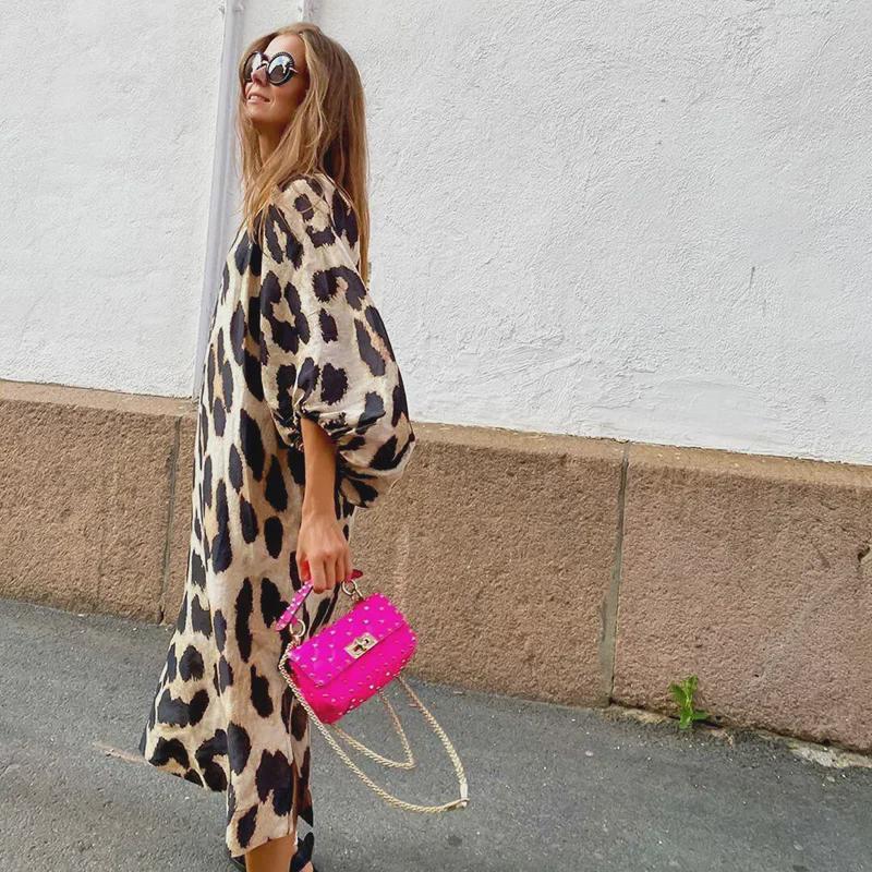 Autumn/Winter Leopard Print V-Neck Lantern Sleeve Maxi Dress