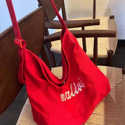 Korean Simple Letter Red Canvas Bag Women's 2025 New Large-capacity Tote Bag Commuter Shoulder Messenger Bag