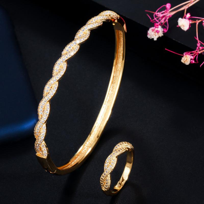 Ki0108 Creative Brass Electroplated Real Gold Full Diamond Bracelet Ring Two-Piece Hand Jewelry