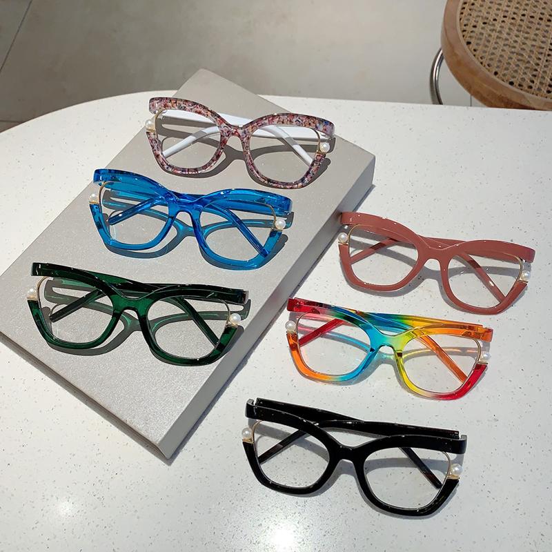Oversized Cat Eye Women Eyeglasses with Pearls Stylish Blue Light Blocking Spectacles Trendy Multicolor Computer Eyewear